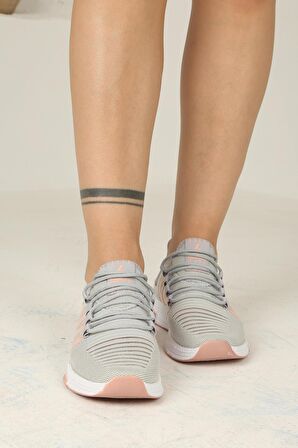 Kadın Bağcıklı Triko Spor Ayakkabı-Buz-Pudra