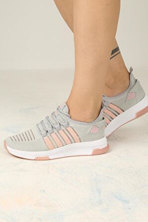 Kadın Bağcıklı Triko Spor Ayakkabı-Buz-Pudra