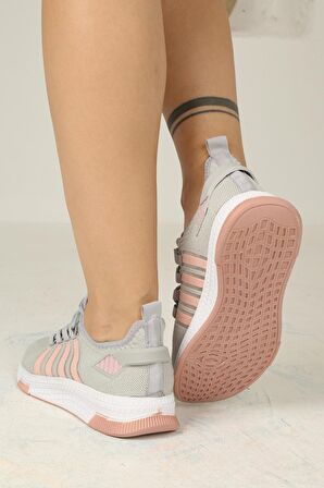 Kadın Bağcıklı Triko Spor Ayakkabı-Buz-Pudra