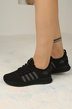 Kadın Bağcıklı Triko Spor Ayakkabı-Siyah-Kömür