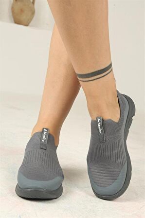 Kadın Ortopedik Bağcıksız Triko Spor Ayakkabı-Füme