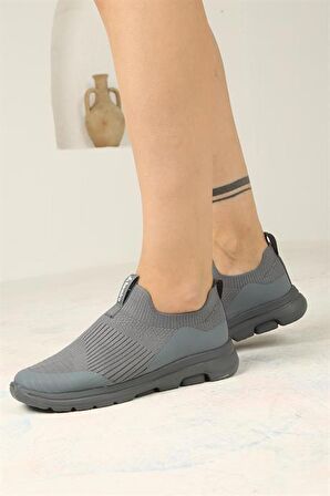 Kadın Ortopedik Bağcıksız Triko Spor Ayakkabı-Füme