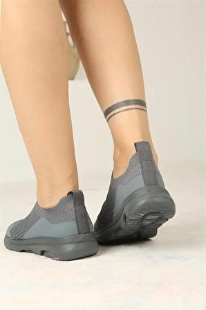 Kadın Ortopedik Bağcıksız Triko Spor Ayakkabı-Füme