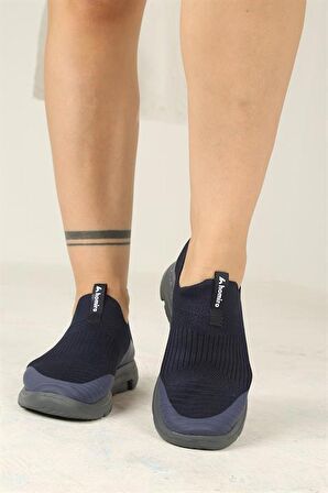 Kadın Ortopedik Bağcıksız Triko Spor Ayakkabı-Lacivert