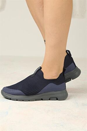 Kadın Ortopedik Bağcıksız Triko Spor Ayakkabı-Lacivert