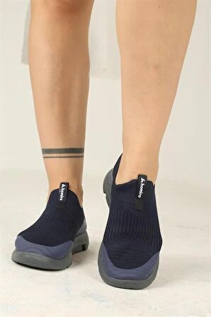 Kadın Ortopedik Bağcıksız Triko Spor Ayakkabı-Lacivert
