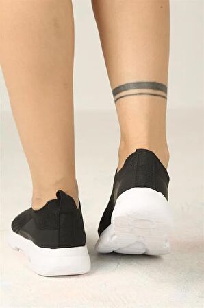 Kadın Ortopedik Bağcıksız Triko Spor Ayakkabı-Siyah-Beyaz