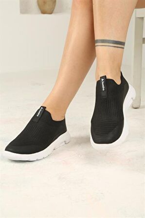 Kadın Ortopedik Bağcıksız Triko Spor Ayakkabı-Siyah-Beyaz