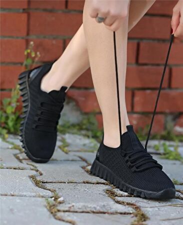 Kadın Bağcıklı Triko Spor Ayakkabı-Siyah