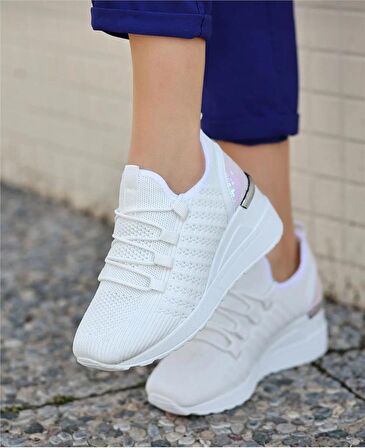 Kadın Bağcıklı Triko Dolgu Topuklu Sneaker-Beyaz