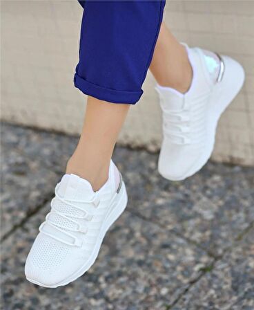 Kadın Bağcıklı Triko Dolgu Topuklu Sneaker-Beyaz