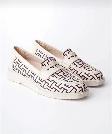 Kadın Loafer Günlük Eva Taban Casual Makosen Ayakkabı Bej Siyah Desenli