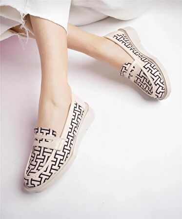 Kadın Loafer Günlük Eva Taban Casual Makosen Ayakkabı Bej Siyah Desenli