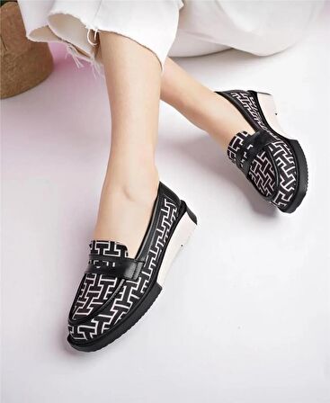 Kadın Loafer Günlük Eva Taban Casual Makosen Ayakkabı Siyah  Bej Desenli