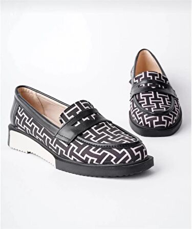 Kadın Loafer Günlük Eva Taban Casual Makosen Ayakkabı Siyah  Bej Desenli