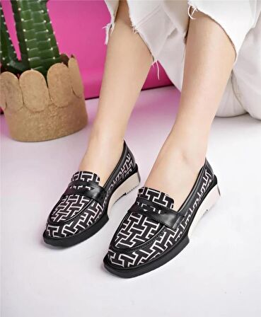 Kadın Loafer Günlük Eva Taban Casual Makosen Ayakkabı Siyah  Bej Desenli