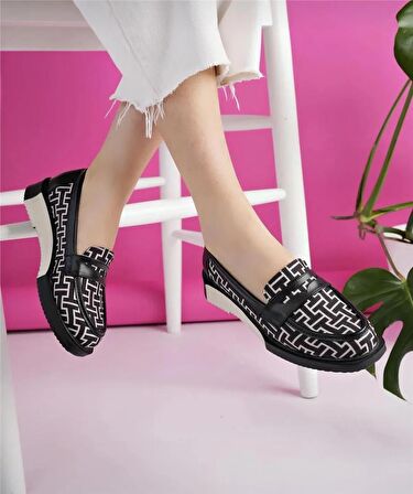 Kadın Loafer Günlük Eva Taban Casual Makosen Ayakkabı Siyah  Bej Desenli
