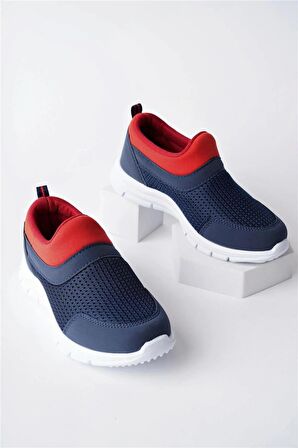 Bağcıksız Çocuk Triko Spor Ayakkabı-Lacivert Kırmızı