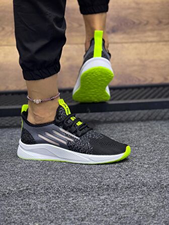 Bağcıklı Triko Kadın Spor Ayakkabı- Siyah Fosfor Sarı