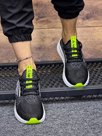 Bağcıklı Triko Kadın Spor Ayakkabı- Siyah Fosfor Sarı