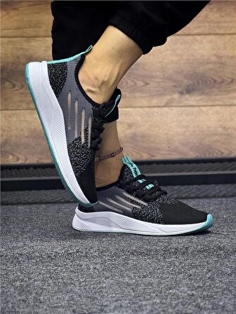 Bağcıklı Triko Kadın Spor Ayakkabı-Siyah -Su Yeşili