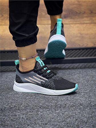 Bağcıklı Triko Kadın Spor Ayakkabı-Siyah -Su Yeşili