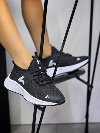 Bağcıklı Unisex Çocuk Spor Ayakkabısı-Siyah-Beyaz