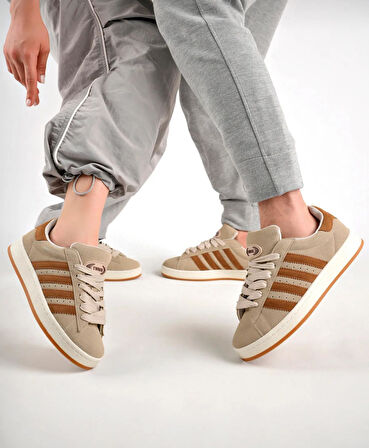 Unisex Klasik Bağcıklı Ortopedik Spor Sneaker Ayakkabı-Bej