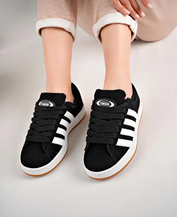 Unisex Klasik Bağcıklı Ortopedik Spor Sneaker Ayakkabı-Siyah-Beyaz