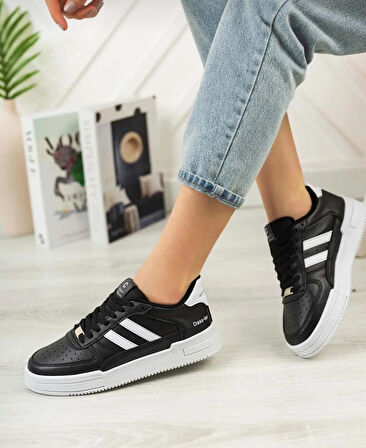 Bağcıklı Unisex Ortopedik Snaker Spor Ayakkabı Kadın-Siyah-Beyaz