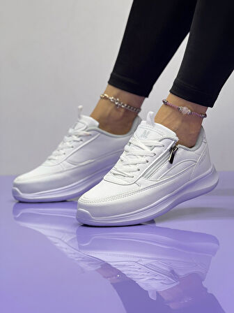 Kadın Fermuarlı Fuspetli Faylon Taban Spor Ayakkabı-Beyaz