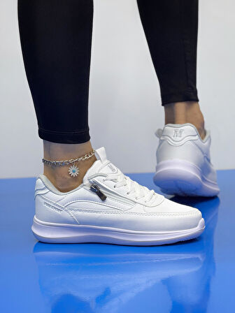 Kadın Fermuarlı Fuspetli Faylon Taban Spor Ayakkabı-Beyaz