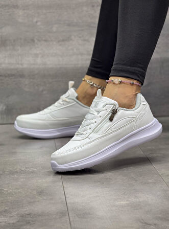 Kadın Fermuarlı Fuspetli Faylon Taban Spor Ayakkabı-Beyaz