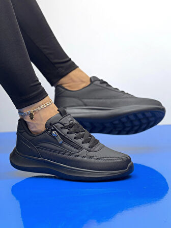 Kadın Fermuarlı Fuspetli Faylon Taban Spor Ayakkabı-Siyah