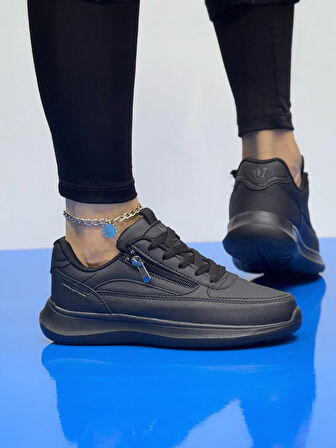 Kadın Fermuarlı Fuspetli Faylon Taban Spor Ayakkabı-Siyah