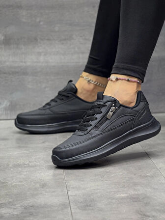 Kadın Fermuarlı Fuspetli Faylon Taban Spor Ayakkabı-Siyah