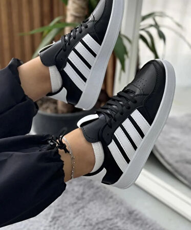 Unisex Cilt Günlük Rahat Sneaker-Siyah-Beyaz