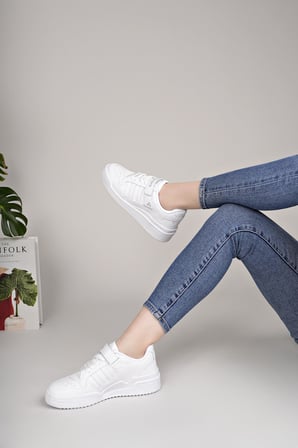 Unisex Bağcıklı Cırtlı Spor Sneaker Ayakkabı-Beyaz