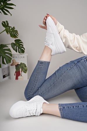 Unisex Bağcıklı Cırtlı Spor Sneaker Ayakkabı-Beyaz