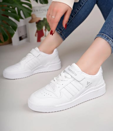 Unisex Bağcıklı Cırtlı Spor Sneaker Ayakkabı-Beyaz