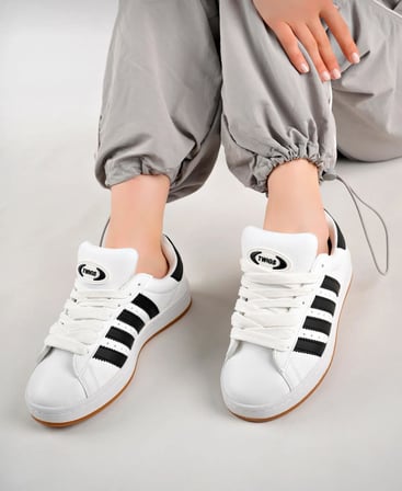 Unisex Klasik Bağcıklı Ortopedik Spor Sneaker Ayakkabı-Beyaz-Siyah