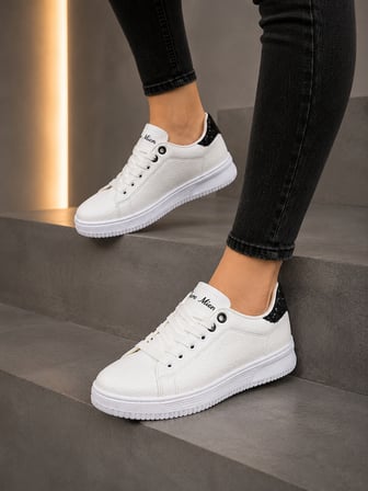 Unisex Ortopedik Rahat Spor Ayakkabı - Beyaz Siyah Taşlı