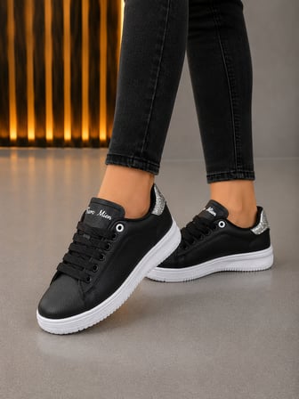 Unisex Ortopedik Rahat Spor Ayakkabı - Siyah Beyaz Taşlı