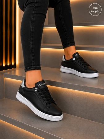 Unisex Ortopedik Rahat Spor Ayakkabı - Siyah Beyaz Taşlı