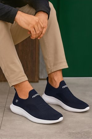 Bağcıksız Triko Spor Ayakkabı-Lacivert-Beyaz