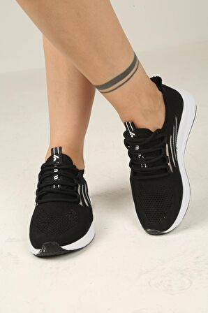 Bağcıklı Triko Erkek Spor Ayakkabı-Siyah-Beyaz