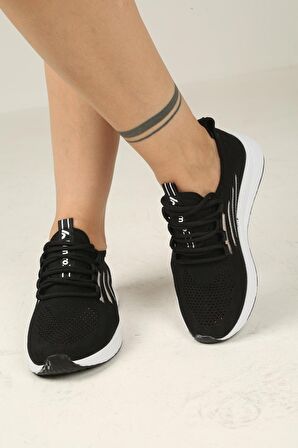 Bağcıklı Triko Erkek Spor Ayakkabı-Siyah-Beyaz
