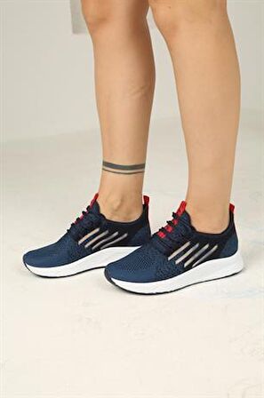 Bağcıklı Triko Kadın Spor Ayakkabı-Lacivert-Beyaz-Kırmızı