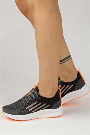 Bağcıklı Triko Kadın Spor Ayakkabı-Füme-Orange
