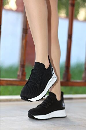  Bağcıklı Kadın Spor Sneaker-Siyah